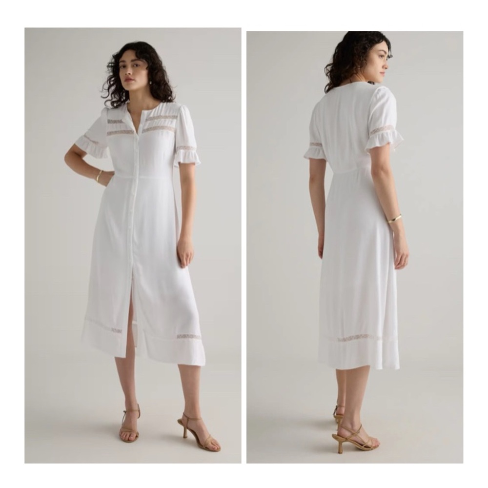 NEW Quince Women's XS Ivory Lightweight Crepe Lace Inset Midi‎ Dress